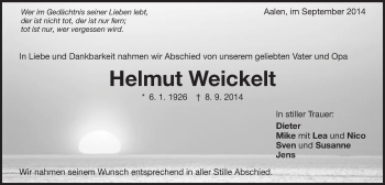 Traueranzeige von Helmut Weickelt von Schwäbische Post