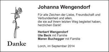 Traueranzeige von Johanna Wengendorf von Gmünder Tagespost