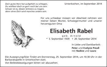 Traueranzeige von Elisabeth Rabel von Schwäbische Post