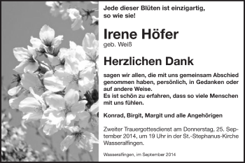 Traueranzeige von Irene Höfer von Schwäbische Post