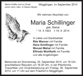 Traueranzeige von Maria Schillinger von Gmünder Tagespost