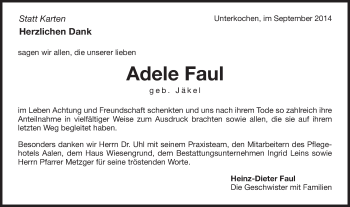 Traueranzeige von Adele Faul von Schwäbische Post