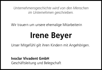 Traueranzeige von Irene Beyer von Schwäbische Post