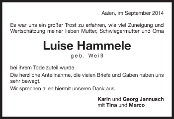 Traueranzeige von Luise Hammele von Schwäbische Post