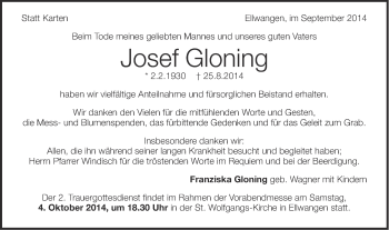 Traueranzeige von Josef Gloning von Schwäbische Post