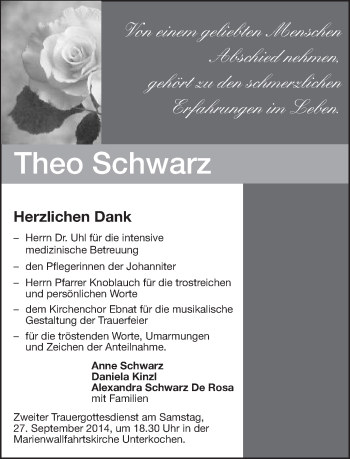 Traueranzeige von Theo Schwarz von Schwäbische Post