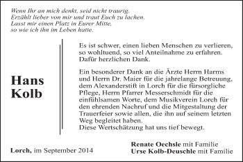 Traueranzeige von Hans Kolb von Gmünder Tagespost