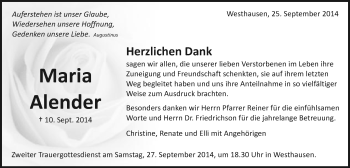 Traueranzeige von Maria Alender von Schwäbische Post