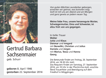 Traueranzeige von Gertrud Barbara Sachsenmaier von Gmünder Tagespost