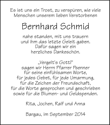 Traueranzeige von Bernhard Schmid von Gmünder Tagespost