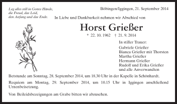 Traueranzeige von Horst Grießer von Gmünder Tagespost