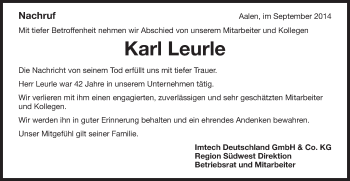 Traueranzeige von Karl Leurle von Schwäbische Post