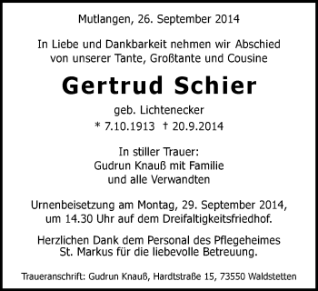 Traueranzeige von Gertrud Schier von Gmünder Tagespost