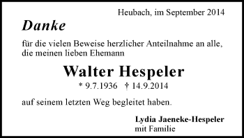 Traueranzeige von Walter Hespeler von Gmünder Tagespost