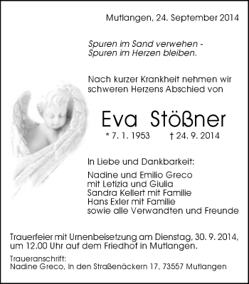 Traueranzeige von Eva Stößner von Gmünder Tagespost