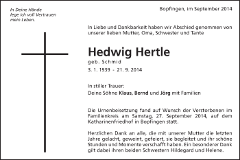 Traueranzeige von Hedwig Hertle von Schwäbische Post