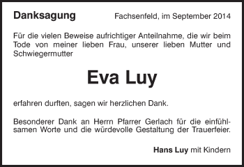 Traueranzeige von Eva Luy von Schwäbische Post