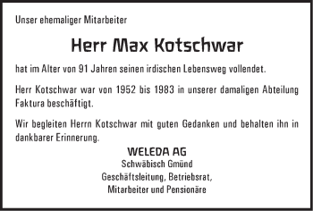 Traueranzeige von Max Kotschwar von Gmünder Tagespost