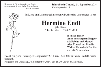 Traueranzeige von Hermine Endl von Gmünder Tagespost