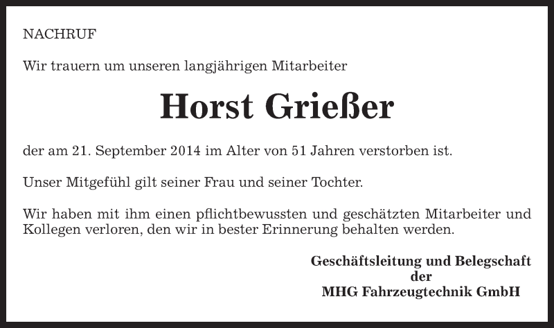  Traueranzeige für Horst Grießer vom 26.09.2014 aus Gmünder Tagespost