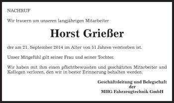 Traueranzeige von Horst Grießer von Gmünder Tagespost