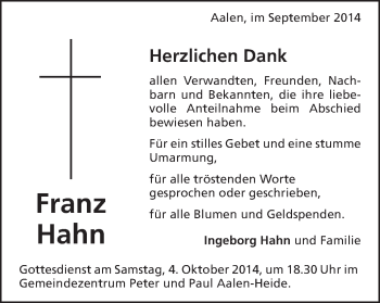 Traueranzeige von Franz Hahn von Schwäbische Post