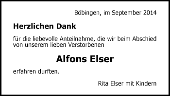 Traueranzeige von Alfons Elser von Gmünder Tagespost