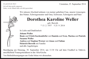 Traueranzeige von Dorothea Karoline Weller von Gmünder Tagespost