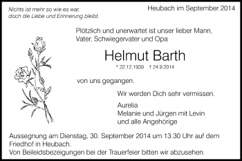 Traueranzeige von Helmut Barth von Gmünder Tagespost