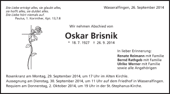 Traueranzeige von Oskar Brisnik von Schwäbische Post