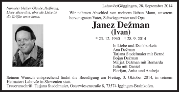 Traueranzeige von Janez Dežman von Gmünder Tagespost