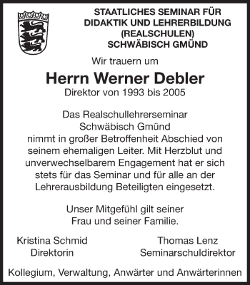 Traueranzeige von Werner Debler von Gmünder Tagespost