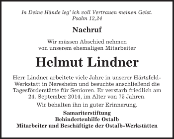 Traueranzeige von Helmut Lindner von Schwäbische Post