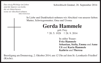 Traueranzeige von Gerda Hammele von Gmünder Tagespost