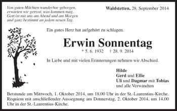 Traueranzeige von Erwin Sonnentag von Gmünder Tagespost