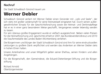 Traueranzeige von Werner Debler von Gmünder Tagespost