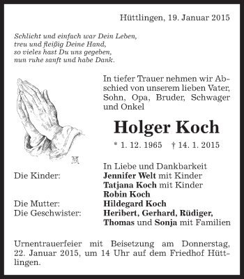 Traueranzeige von Holger Koch von Schwäbische Post
