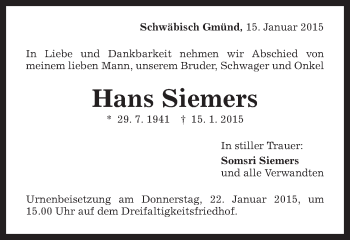 Traueranzeige von Hans Siemers von Gmünder Tagespost