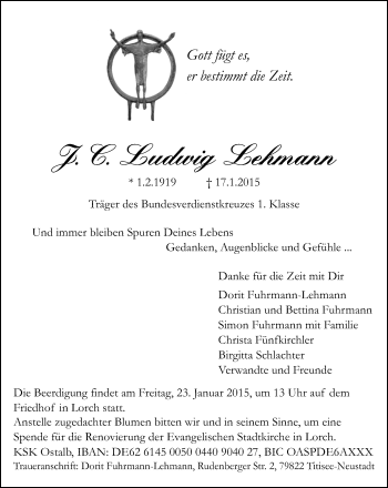Traueranzeige von J. C. Ludwig Lehmann von Gmünder Tagespost