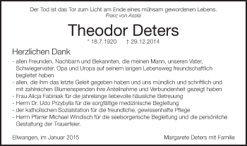 Traueranzeige von Theodor Deters von Schwäbische Post