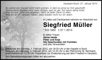 Traueranzeige von Siegfried Müller von Gmünder Tagespost