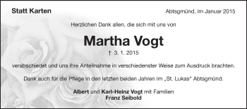Traueranzeige von Martha Vogt von Schwäbische Post