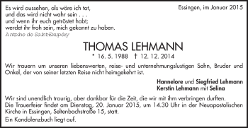 Traueranzeige von Thomas Lehmann von Schwäbische Post