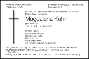 Traueranzeige von Magdalena Kuhn von Schwäbische Post