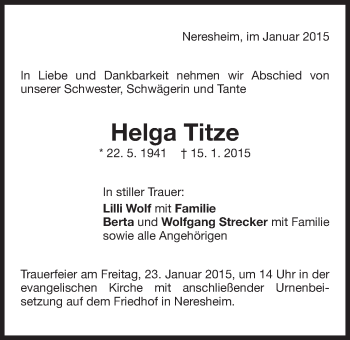 Traueranzeige von Helga Titze  von Schwäbische Post