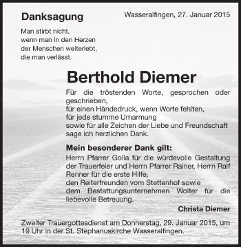 Traueranzeige von Berthold Diemer von Schwäbische Post