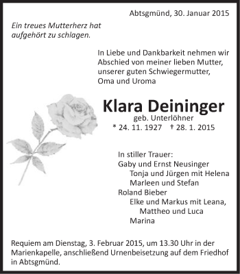 Traueranzeige von Klara Deininger von Schwäbische Post