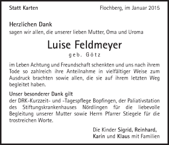 Traueranzeige von Luise Feldmeyer von Schwäbische Post