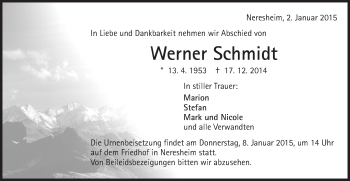 Traueranzeige von Werner Schmidt von Schwäbische Post
