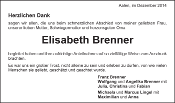 Traueranzeige von Elisabeth Brenner von Schwäbische Post